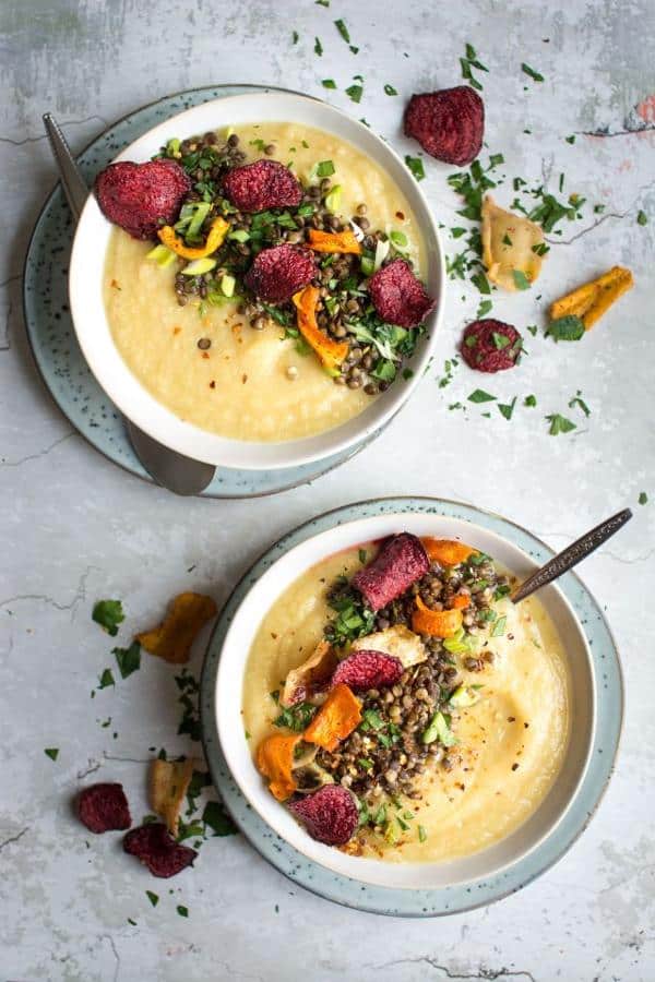 Parsnip and Apple Soup With Black Lentils and Vegetable Crisps