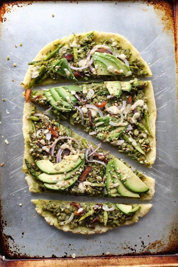 Pesto and Asparagus Flatbread with Tahini Dressing