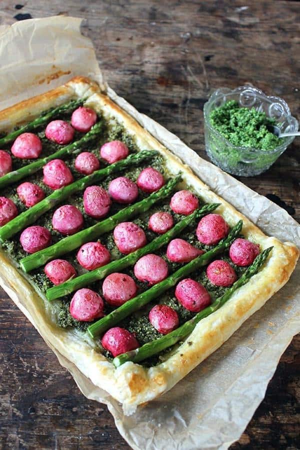 Roasted Radish and Asparagus Tart with Kale Pesto