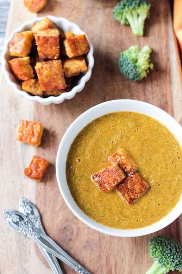 Smoky Broccoli Soup with Crispy Tempeh Croutons