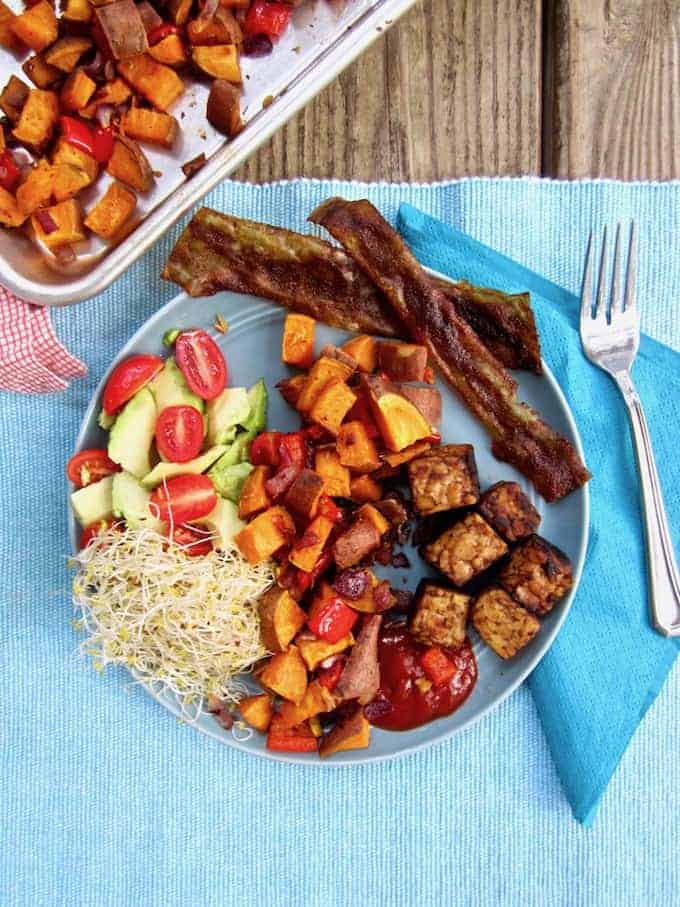 Smoky Tempeh and Roasted Sweet Potato Hash