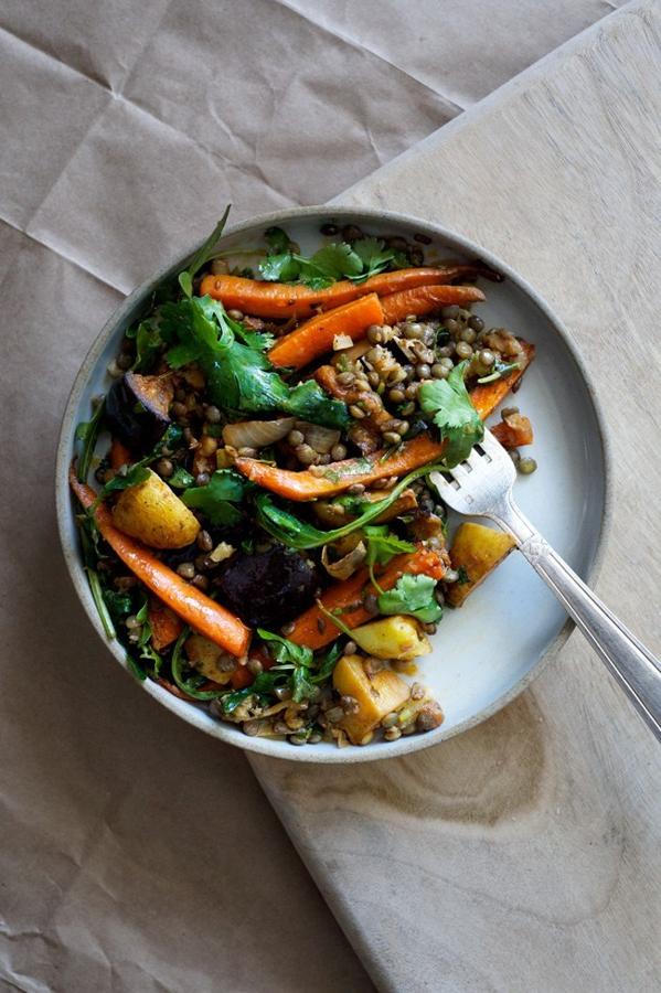 Spicy Roasted Carrot and Eggplant Salad with Puy Lentils and Preserved Lemon