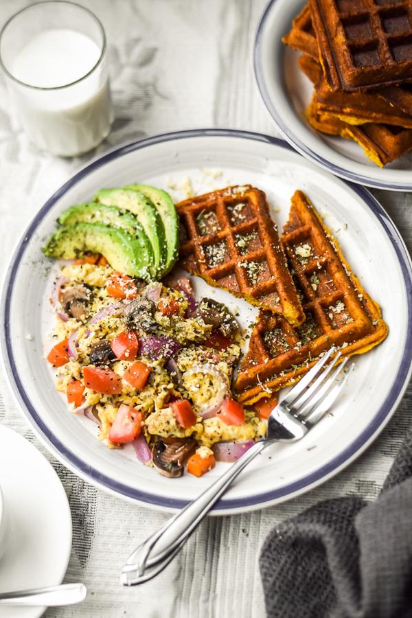 Sweet Potato "Buttermilk" Waffles and Veggie Scramble