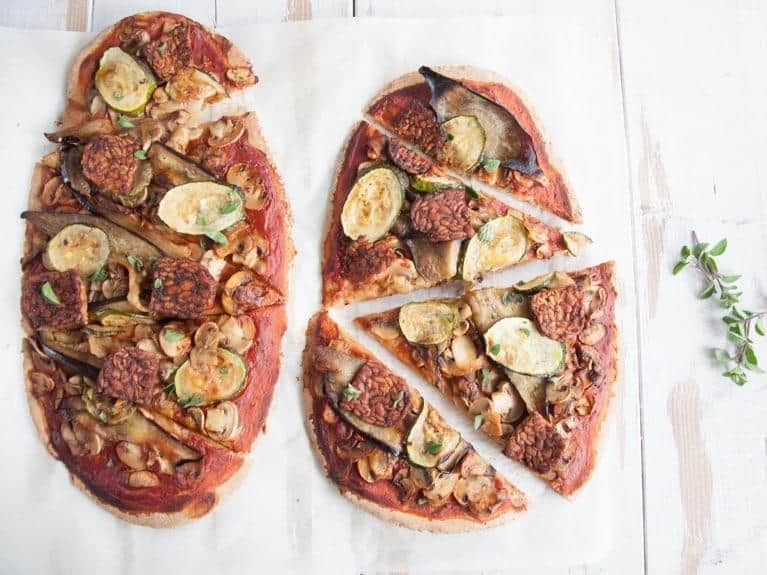 Whole Wheat Roasted Veggie and Tempeh Pizza