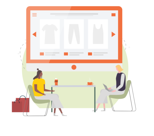 Illustration of two women discussing ecommerce and clothing